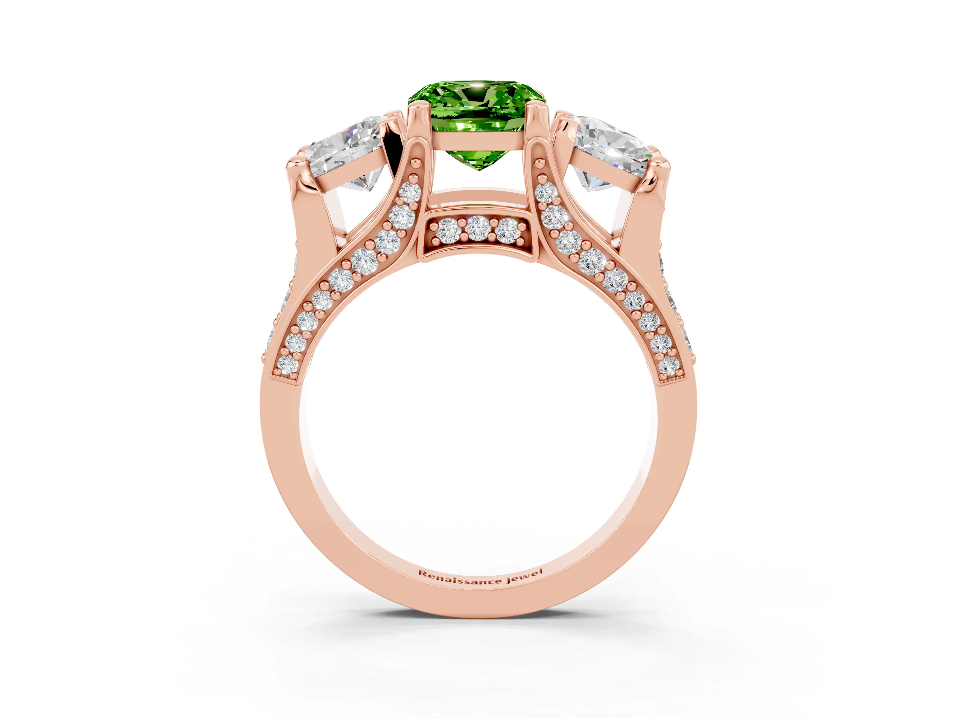 Rose gold Cushion Cut Peridot Three-Stone Ring with Channel Set Band and Four-Prong Setting_3