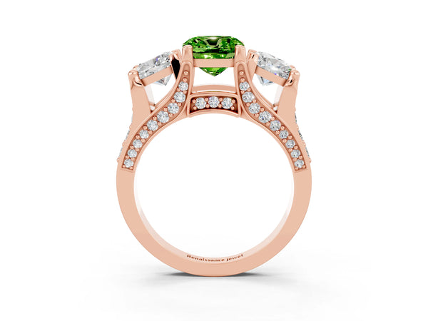 Rose gold Cushion Cut Peridot Three-Stone Ring with Channel Set Band and Four-Prong Setting
