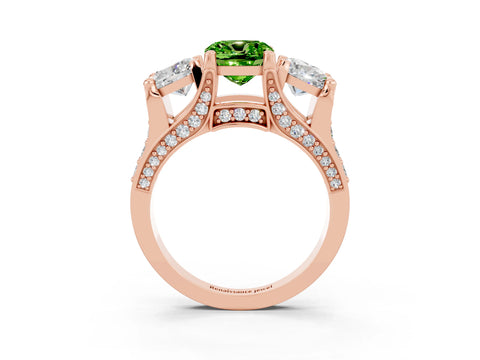 Rose gold Cushion Cut Peridot Three-Stone Ring with Channel Set Band and Four-Prong Setting_3