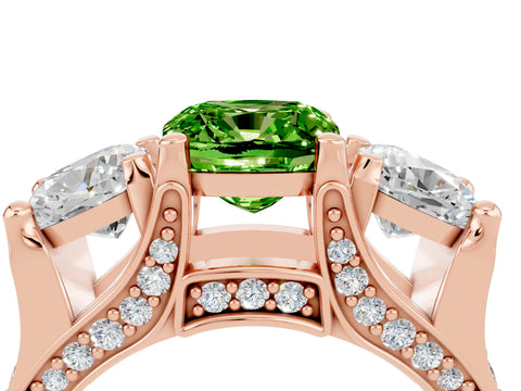 Rose gold Cushion Cut Peridot Three-Stone Ring with Channel Set Band and Four-Prong Setting_4