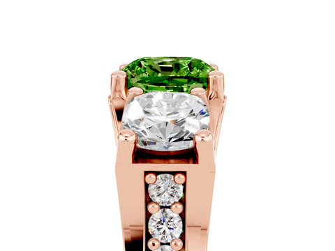 Rose gold Cushion Cut Peridot Three-Stone Ring with Channel Set Band and Four-Prong Setting_5