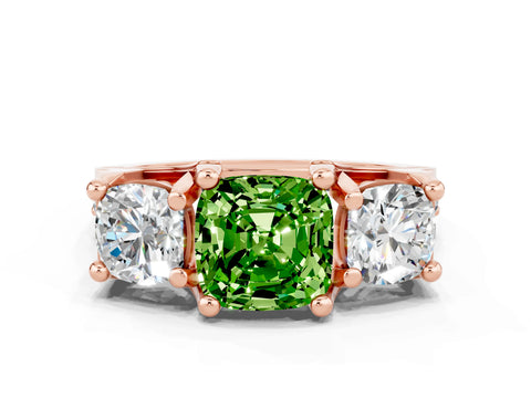Rose gold Cushion Cut Peridot Three-Stone Ring with Channel Set Band and Four-Prong Setting