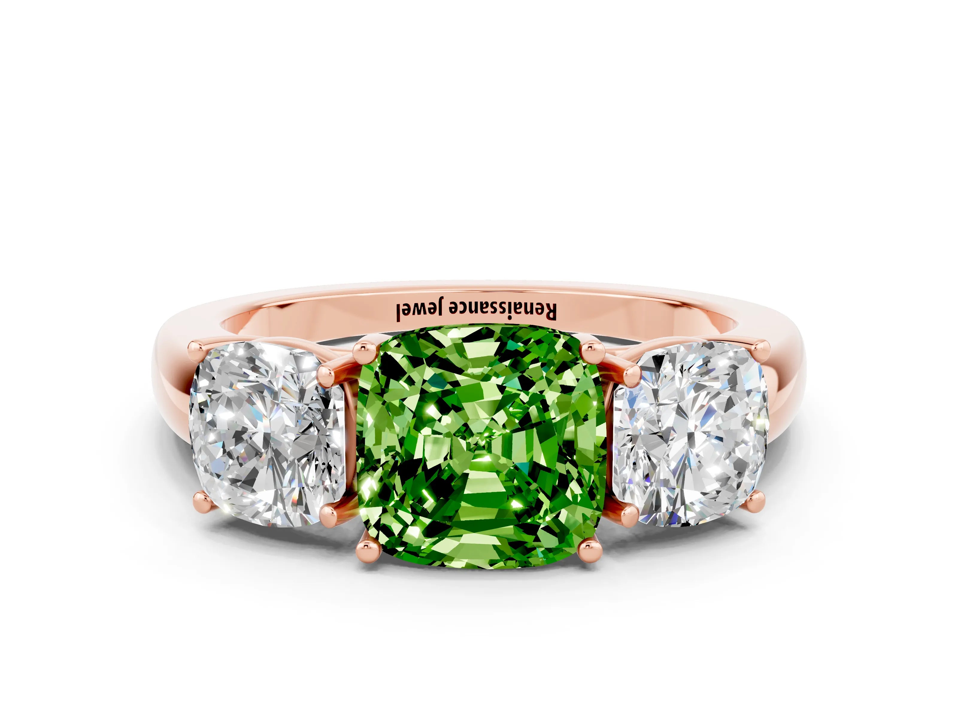 Rose gold Cushion Cut Peridot Three-Stone Ring with Four-Prong Setting and Classic Band