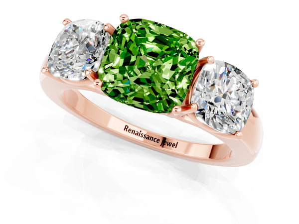 Rose gold Cushion Cut Peridot Three-Stone Ring with Four-Prong Setting and Classic Band