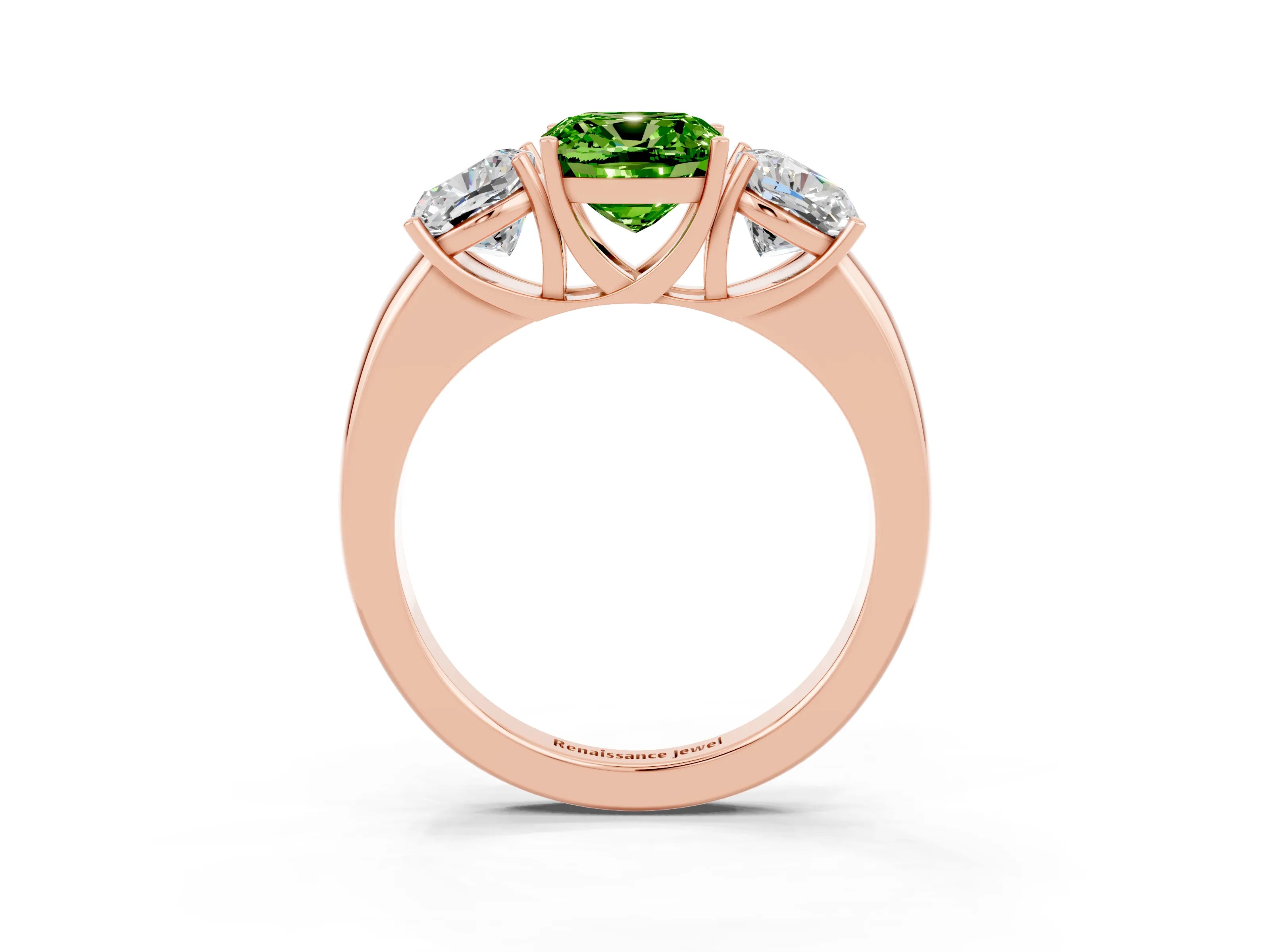Rose gold Cushion Cut Peridot Three-Stone Ring with Four-Prong Setting and Classic Band_3