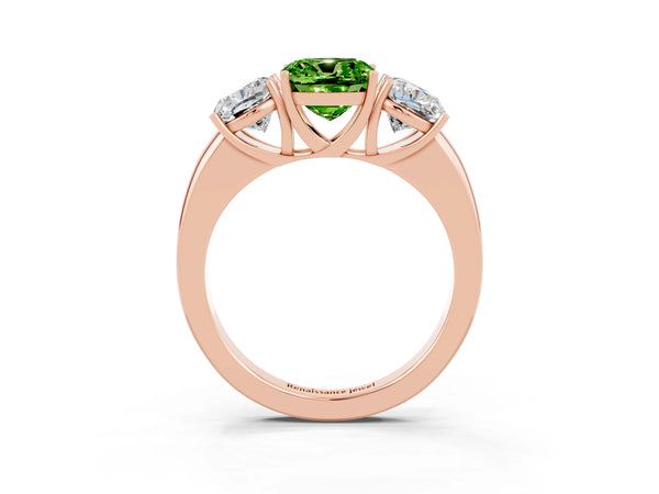 Rose gold Cushion Cut Peridot Three-Stone Ring with Four-Prong Setting and Classic Band