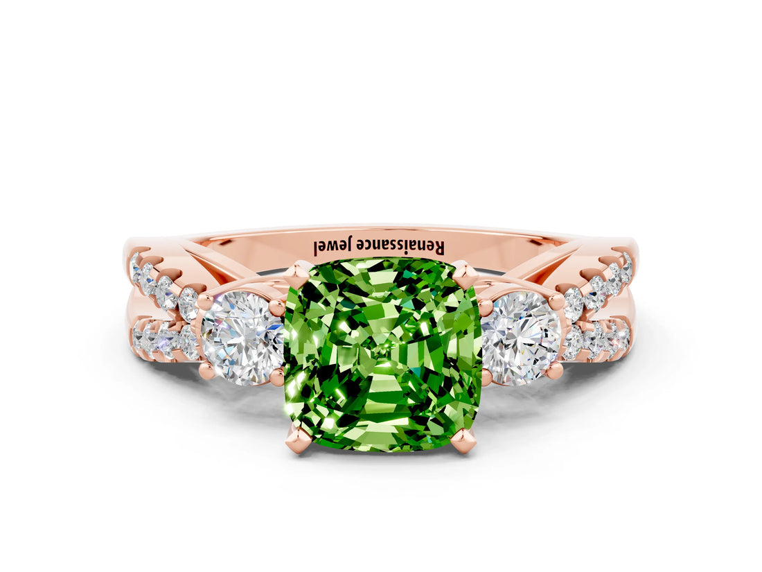 Rose gold Cushion Cut Peridot Three-Stone Ring with Pavé Split Shank and Four-Prong Setting_12