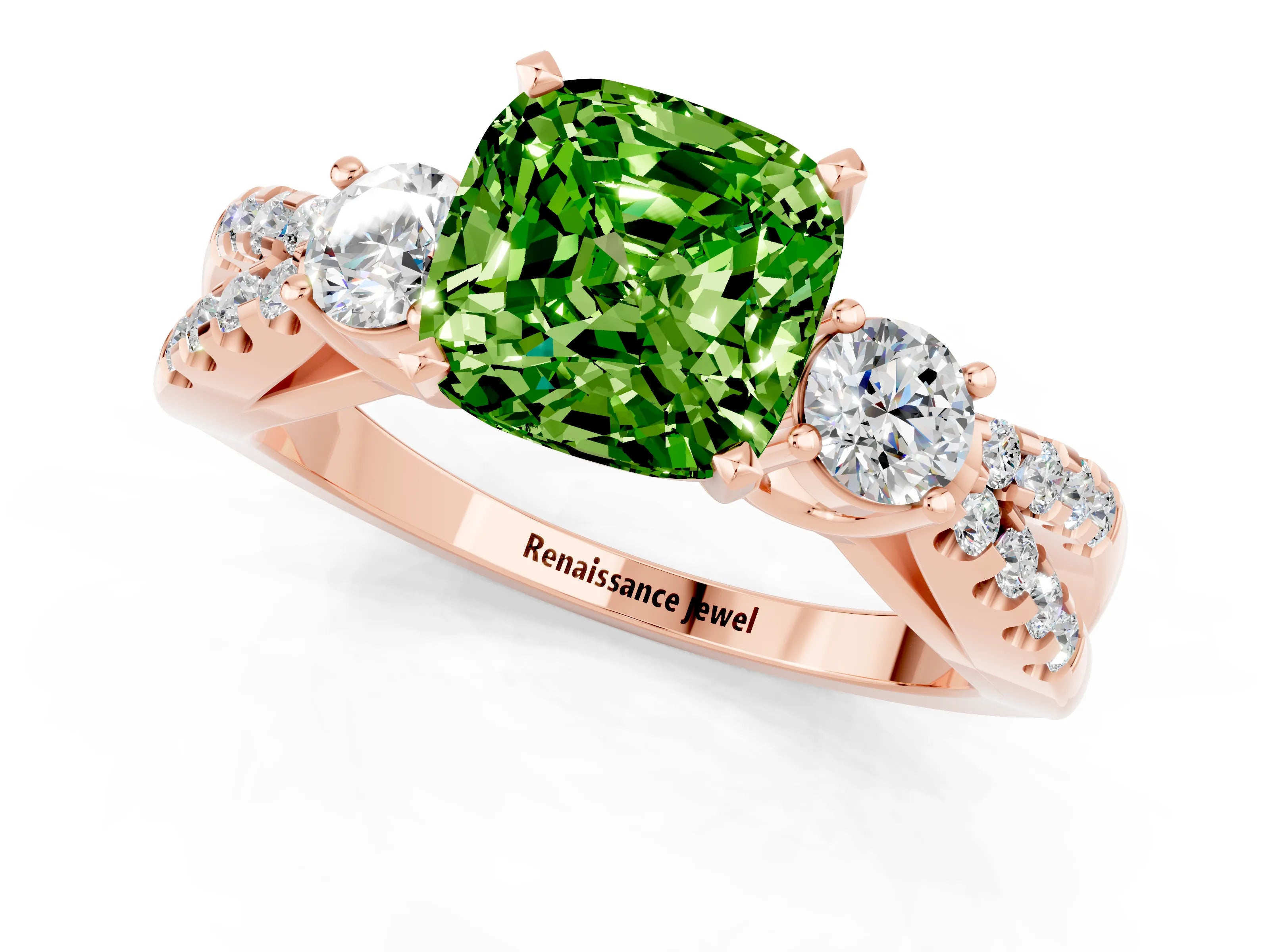 Rose gold Cushion Cut Peridot Three-Stone Ring with Pavé Split Shank and Four-Prong Setting_13