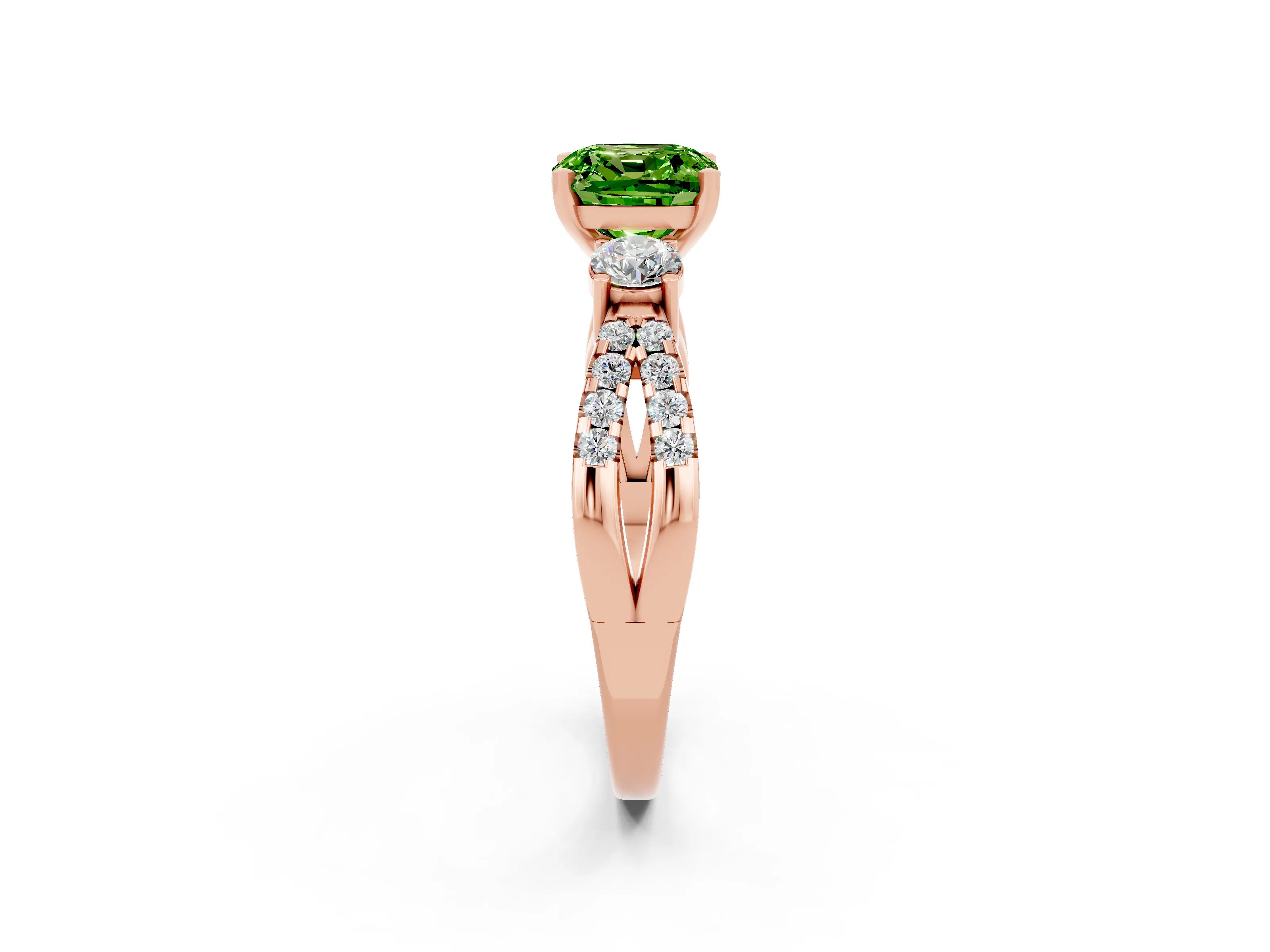 Rose gold Cushion Cut Peridot Three-Stone Ring with Pavé Split Shank and Four-Prong Setting_14