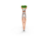 Rose gold Cushion Cut Peridot Three-Stone Ring with Pavé Split Shank and Four-Prong Setting_14