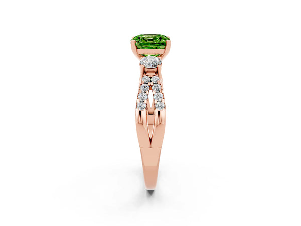 Rose gold Cushion Cut Peridot Three-Stone Ring with Pavé Split Shank and Four-Prong Setting