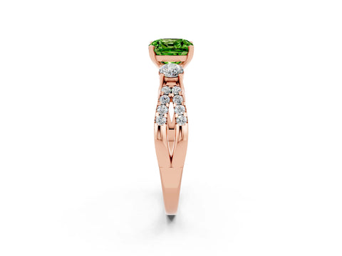 Rose gold Cushion Cut Peridot Three-Stone Ring with Pavé Split Shank and Four-Prong Setting_14