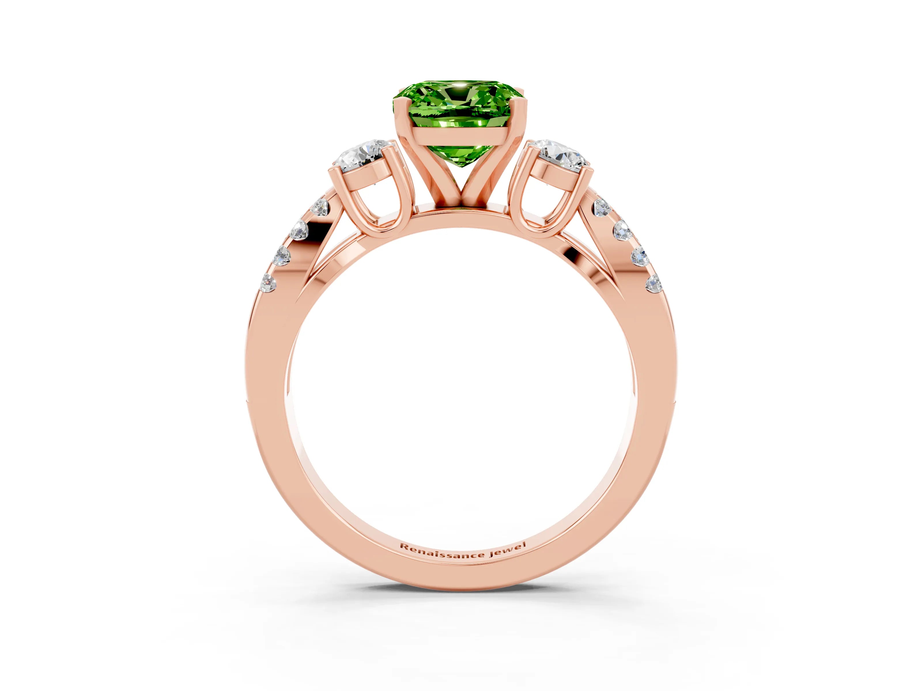 Rose gold Cushion Cut Peridot Three-Stone Ring with Pavé Split Shank and Four-Prong Setting_15