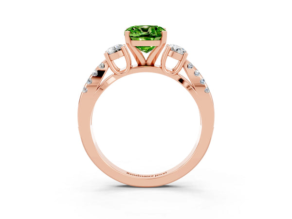 Rose gold Cushion Cut Peridot Three-Stone Ring with Pavé Split Shank and Four-Prong Setting