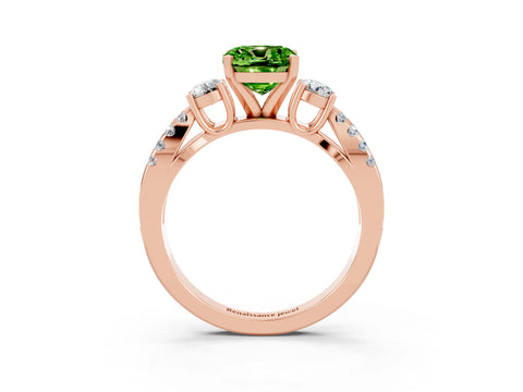 Rose gold Cushion Cut Peridot Three-Stone Ring with Pavé Split Shank and Four-Prong Setting_15