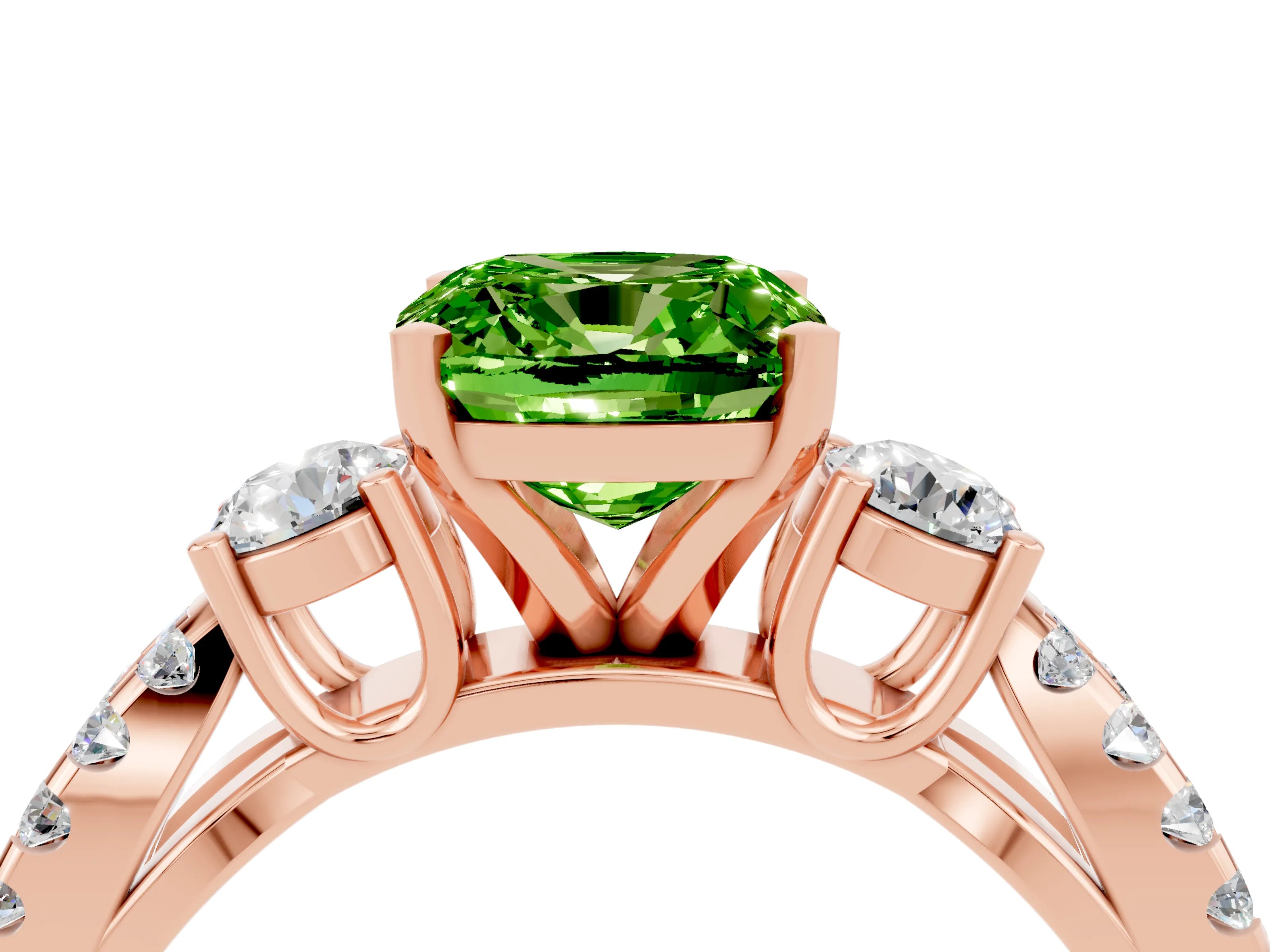 Rose gold Cushion Cut Peridot Three-Stone Ring with Pavé Split Shank and Four-Prong Setting_16