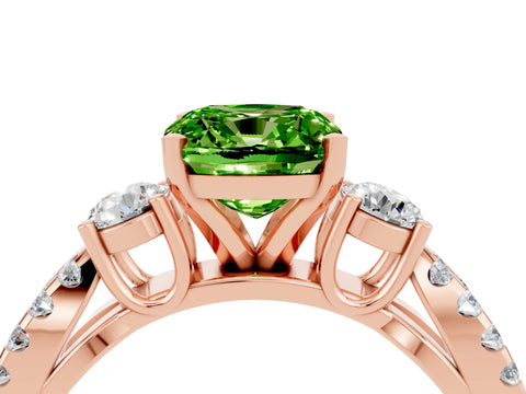 Rose gold Cushion Cut Peridot Three-Stone Ring with Pavé Split Shank and Four-Prong Setting_16
