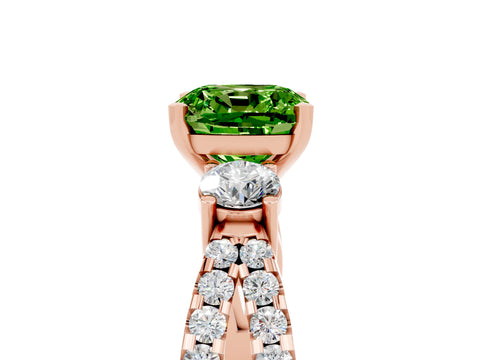 Rose gold Cushion Cut Peridot Three-Stone Ring with Pavé Split Shank and Four-Prong Setting_17