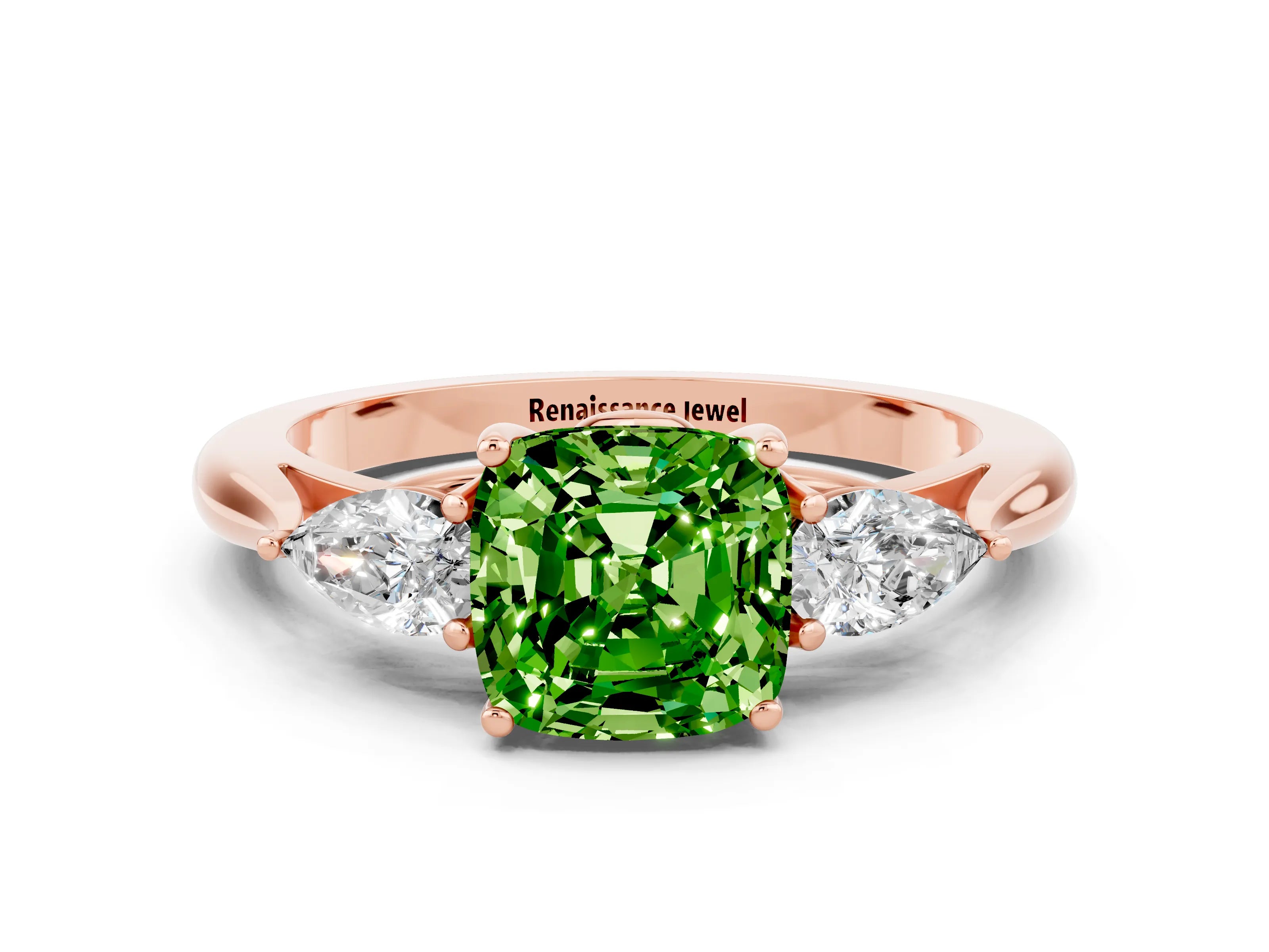 Rose gold Cushion Cut Peridot Three-Stone Ring with Pear Side Stones and Four-Prong Setting_12