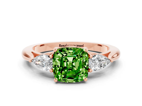 Rose gold Cushion Cut Peridot Three-Stone Ring with Pear Side Stones and Four-Prong Setting_12