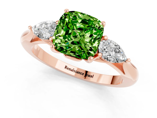 Rose gold Cushion Cut Peridot Three-Stone Ring with Pear  Side Stones and Prong Setting