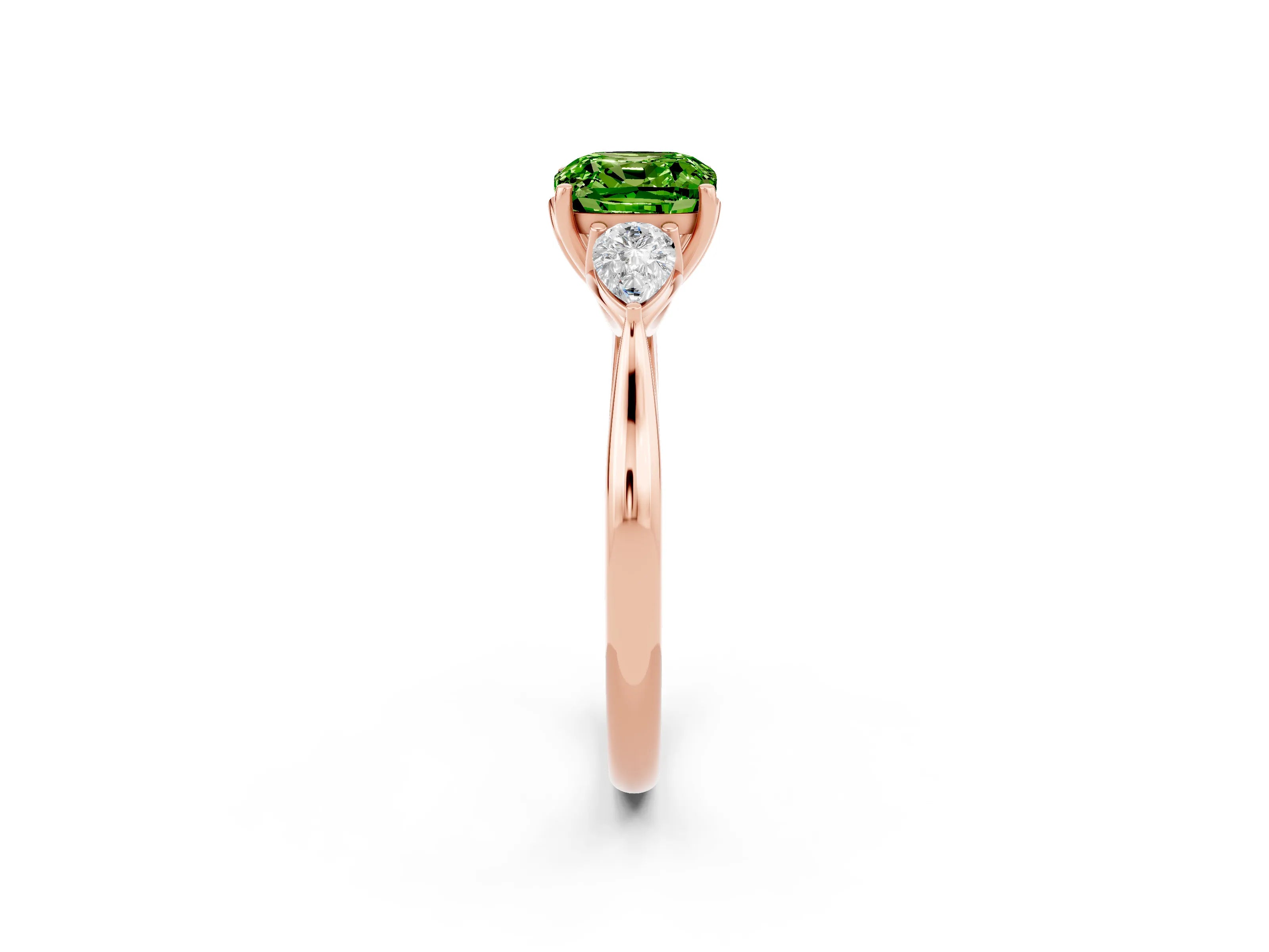Rose gold Cushion Cut Peridot Three-Stone Ring with Pear Side Stones and Four-Prong Setting_14