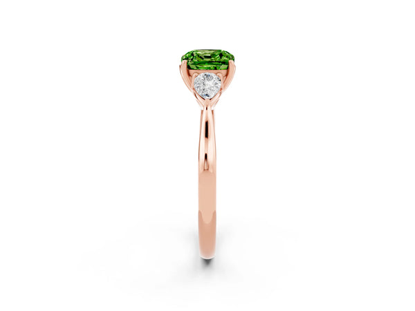 Rose gold Cushion Cut Peridot Three-Stone Ring with Pear  Side Stones and Prong Setting