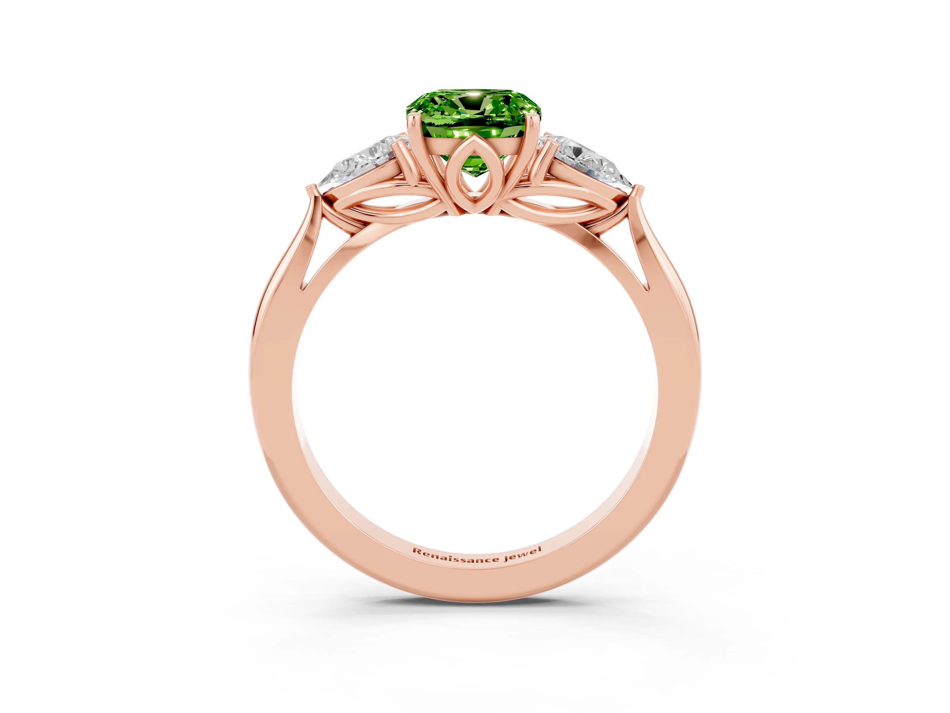 Rose gold Cushion Cut Peridot Three-Stone Ring with Pear Side Stones and Four-Prong Setting_15