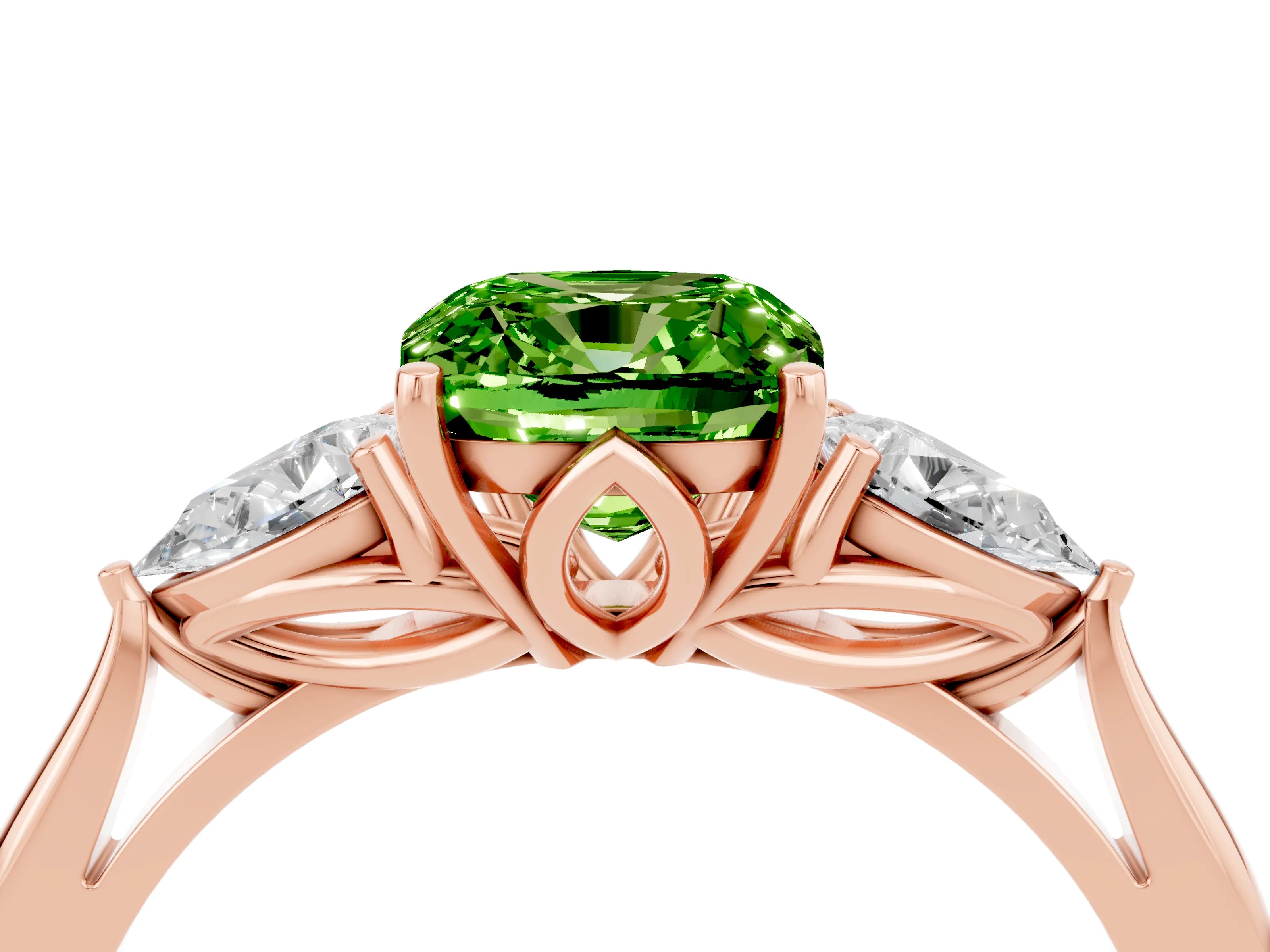 Rose gold Cushion Cut Peridot Three-Stone Ring with Pear Side Stones and Four-Prong Setting_16