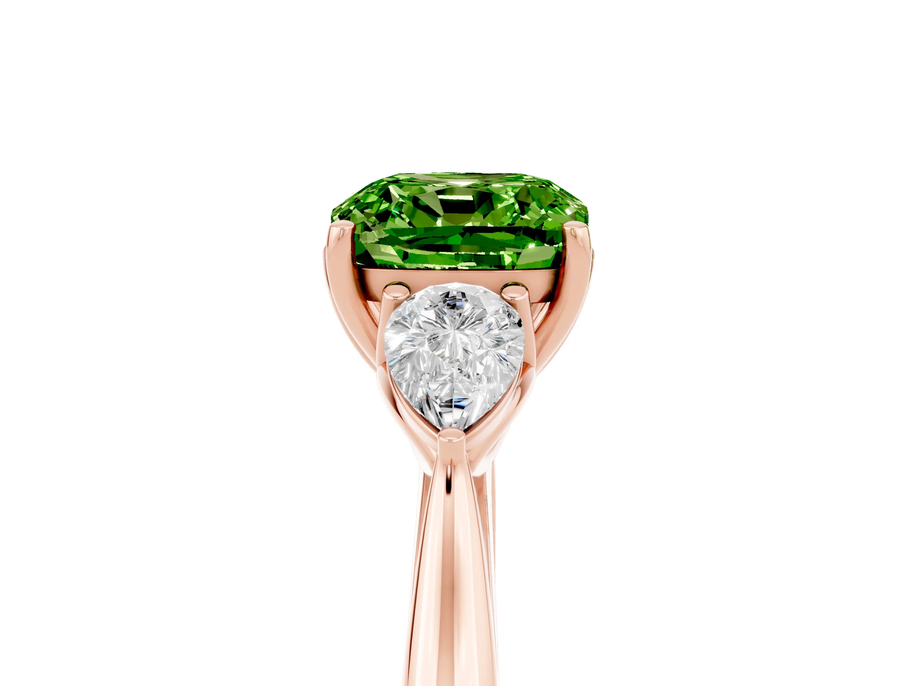 Rose gold Cushion Cut Peridot Three-Stone Ring with Pear Side Stones and Four-Prong Setting_17