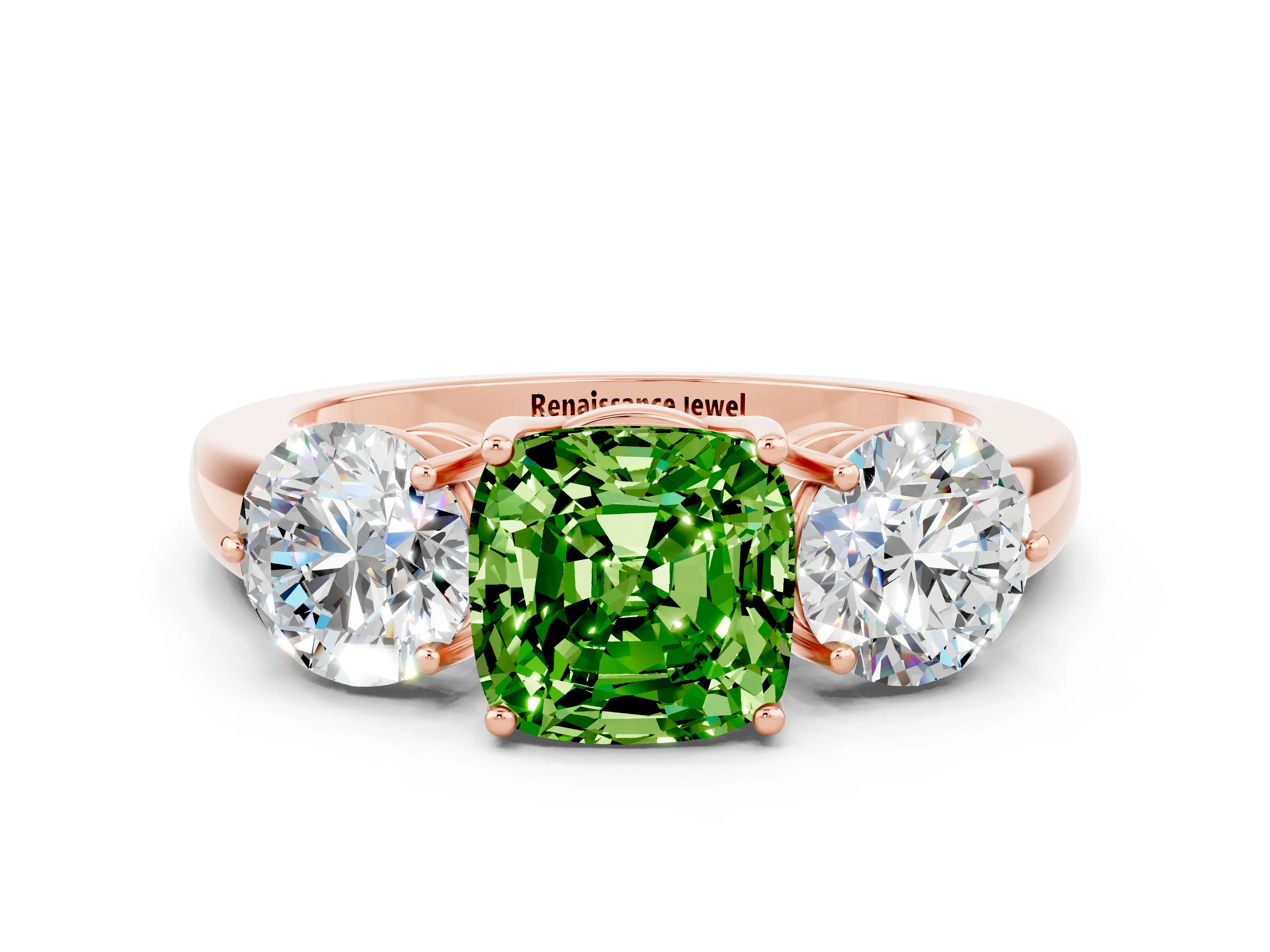 Rose gold Cushion Cut Peridot Three-Stone Ring with Prong Setting and Classic Band