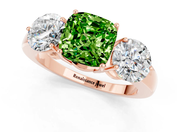 Rose gold Cushion Cut Peridot Three-Stone Ring with Prong Setting and Classic Band