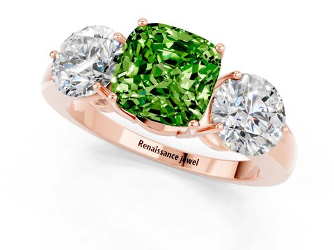 Rose gold Cushion Cut Peridot Three-Stone Ring with Prong Setting and Classic Band_1