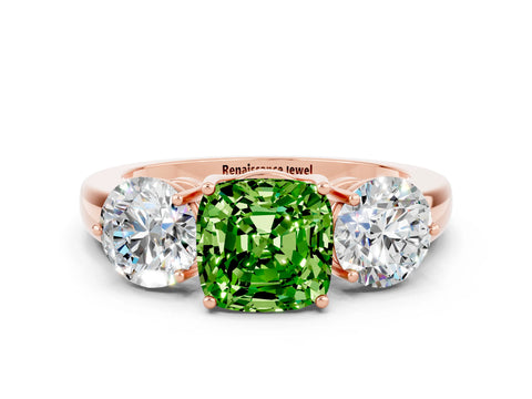 Rose gold Cushion Cut Peridot Three-Stone Ring with Prong Setting and Classic Band