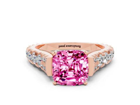 Rose gold Cushion Cut Pink Sapphire Classic Solitaire Ring with Pavé Band and Four-Prong Setting_12