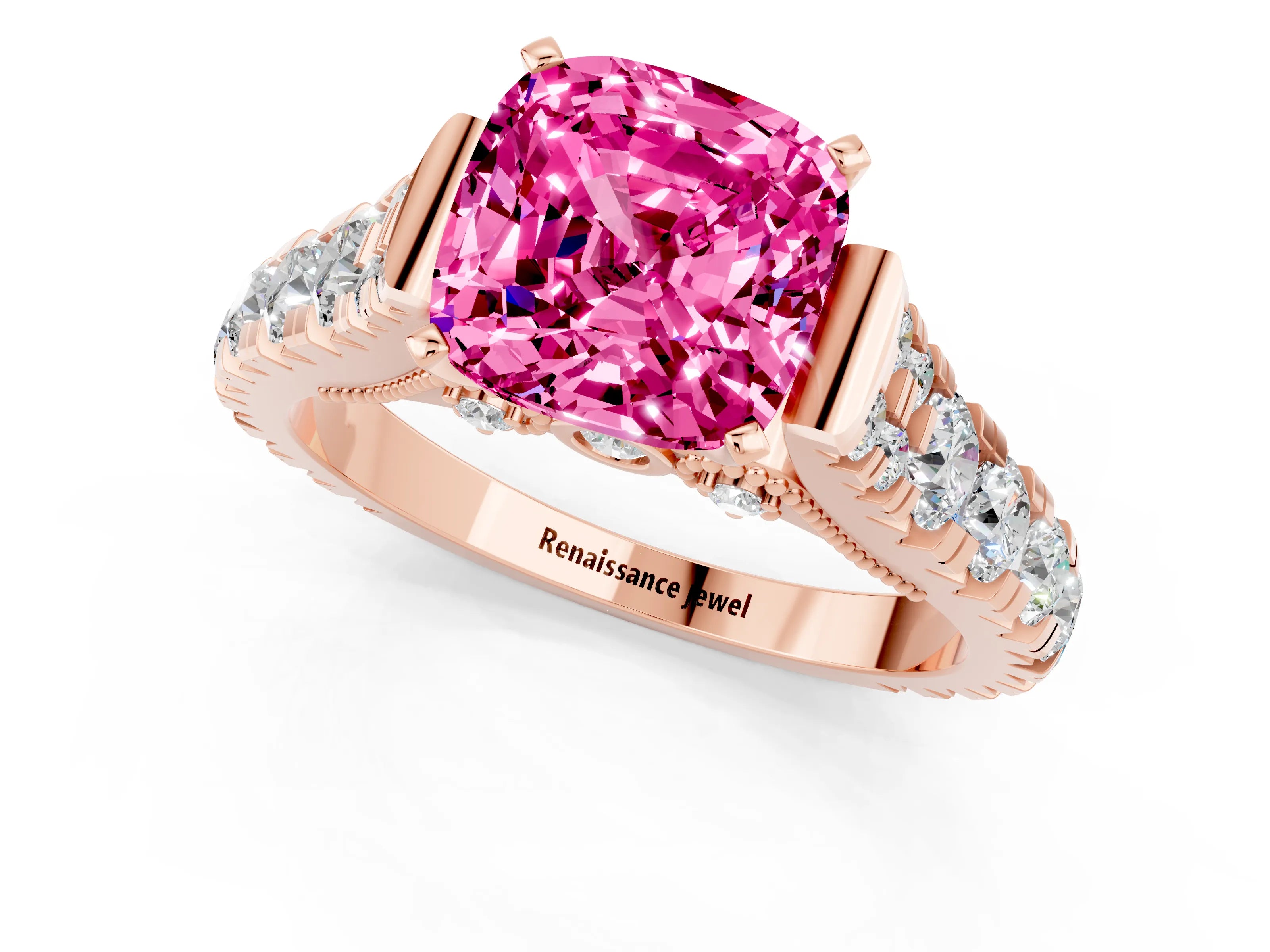 Rose gold Cushion Cut Pink Sapphire Classic Solitaire Ring with Pavé Band and Four-Prong Setting_13