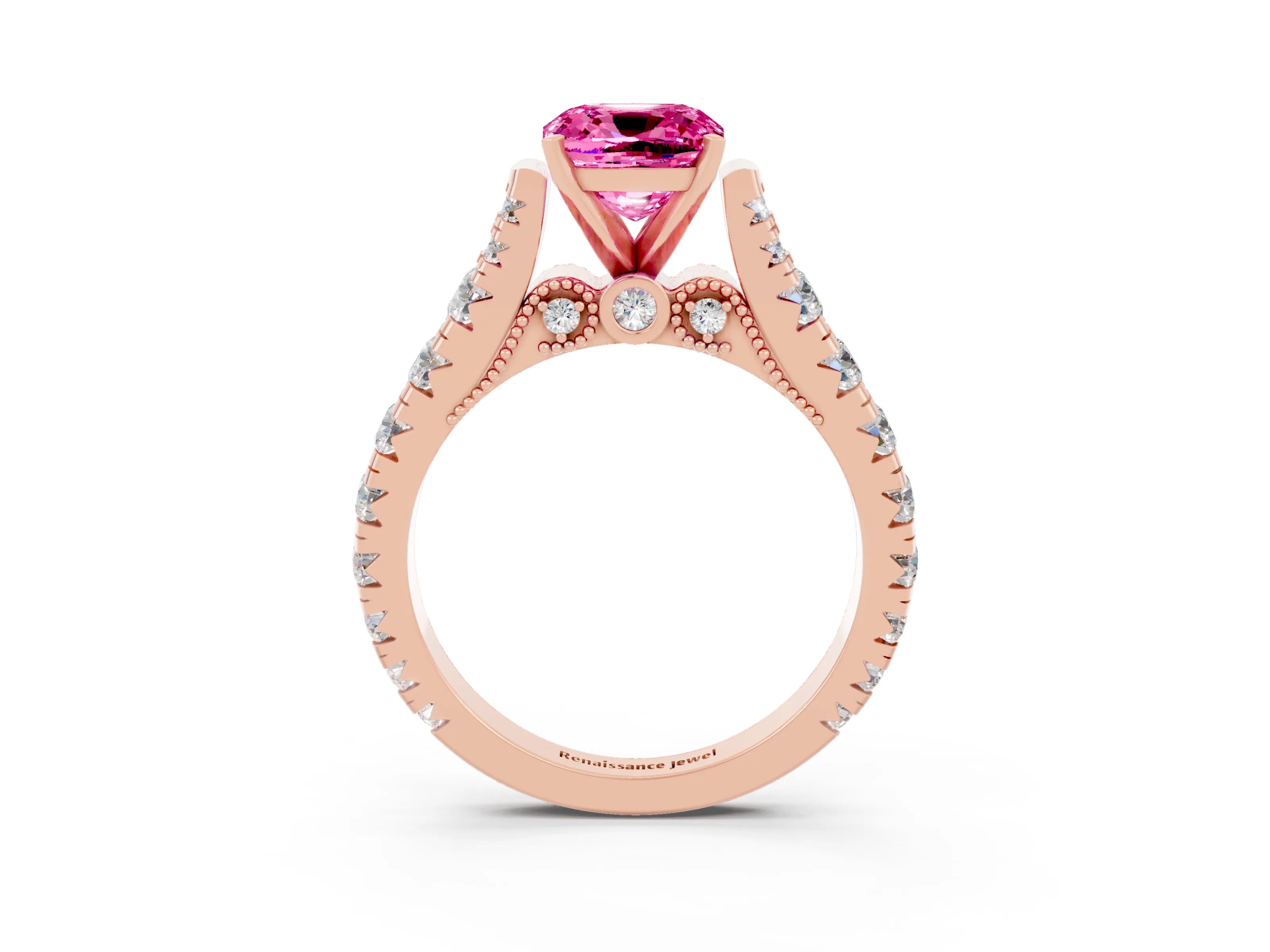 Rose gold Cushion Cut Pink Sapphire Classic Solitaire Ring with Pavé Band and Four-Prong Setting_15