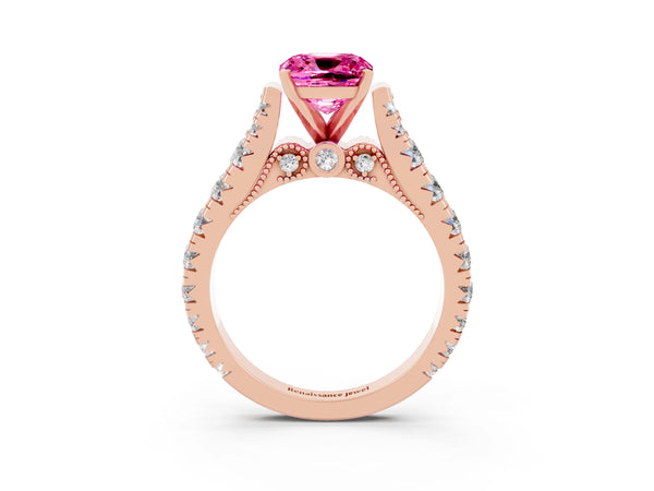 Rose gold Cushion Cut Pink Sapphire Classic Solitaire Ring with Pavé Band and Four-Prong Setting