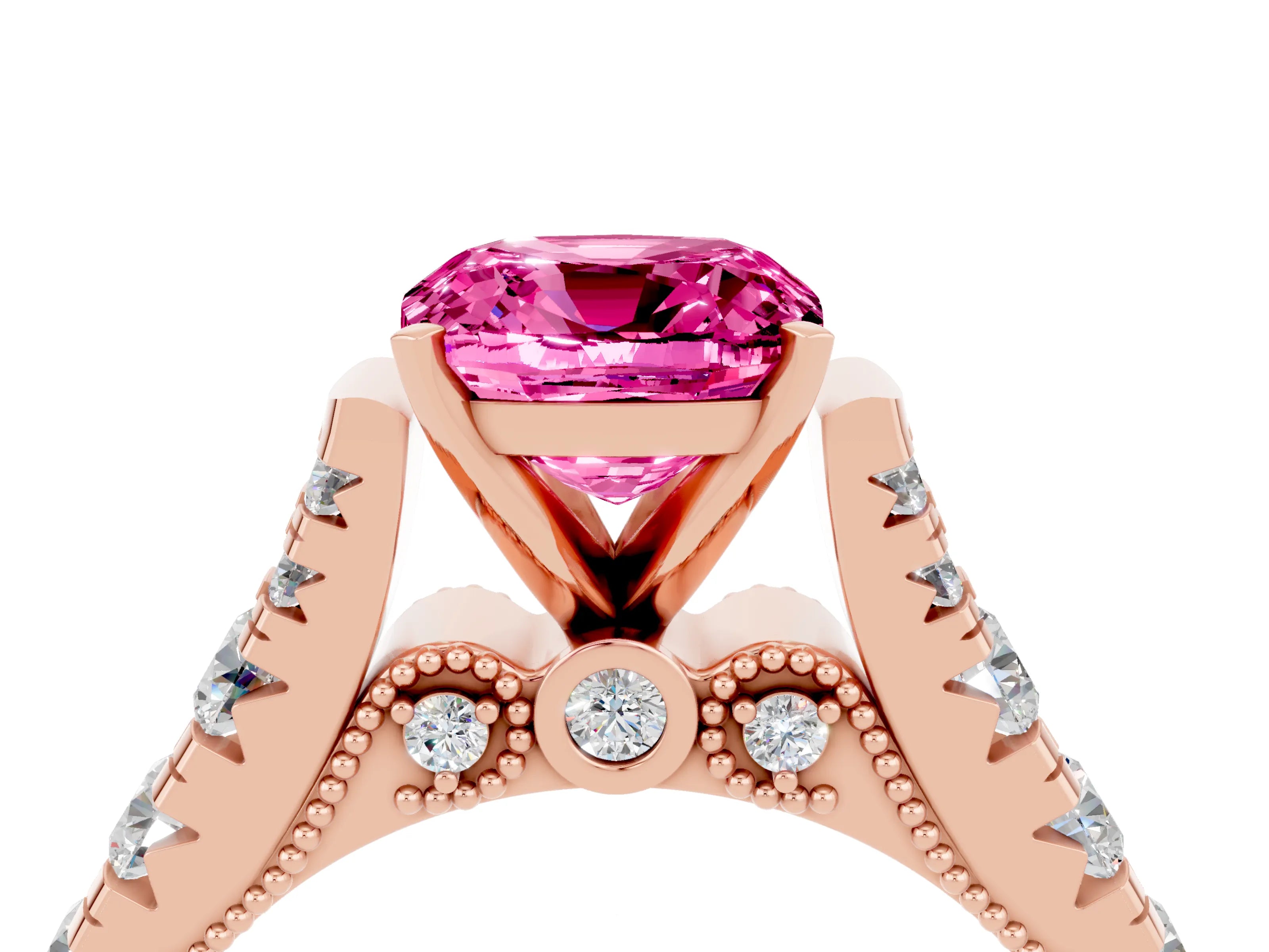 Rose gold Cushion Cut Pink Sapphire Classic Solitaire Ring with Pavé Band and Four-Prong Setting_16