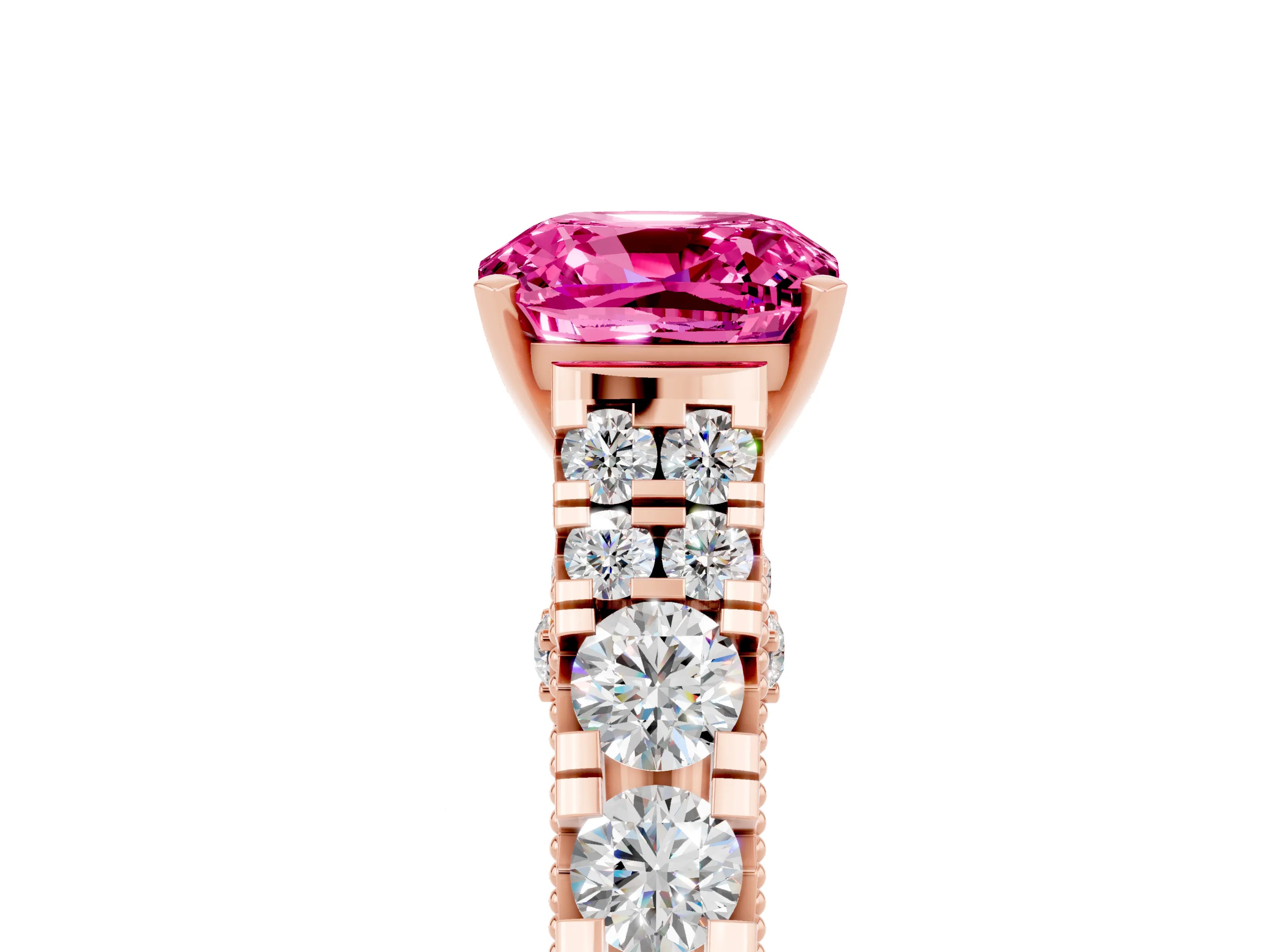 Rose gold Cushion Cut Pink Sapphire Classic Solitaire Ring with Pavé Band and Four-Prong Setting_17