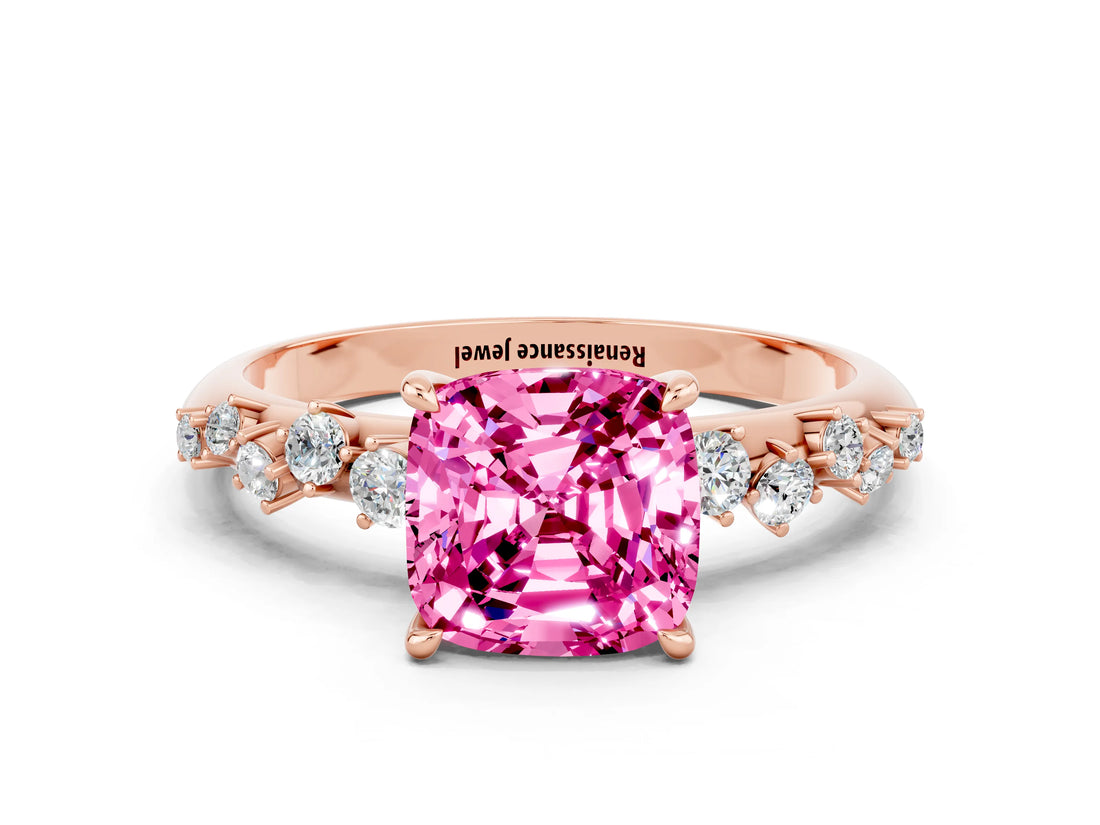 Rose gold Cushion Cut Pink Sapphire Cluster Side Stone Solitaire Ring with Prong Setting_48