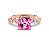 Rose gold Cushion Cut Pink Sapphire Cluster Side Stone Solitaire Ring with Prong Setting_48
