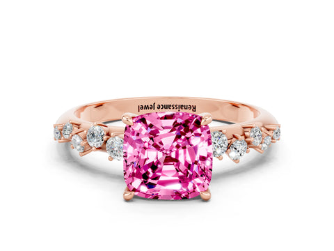 Rose gold Cushion Cut Pink Sapphire Cluster Side Stone Solitaire Ring with Prong Setting_48