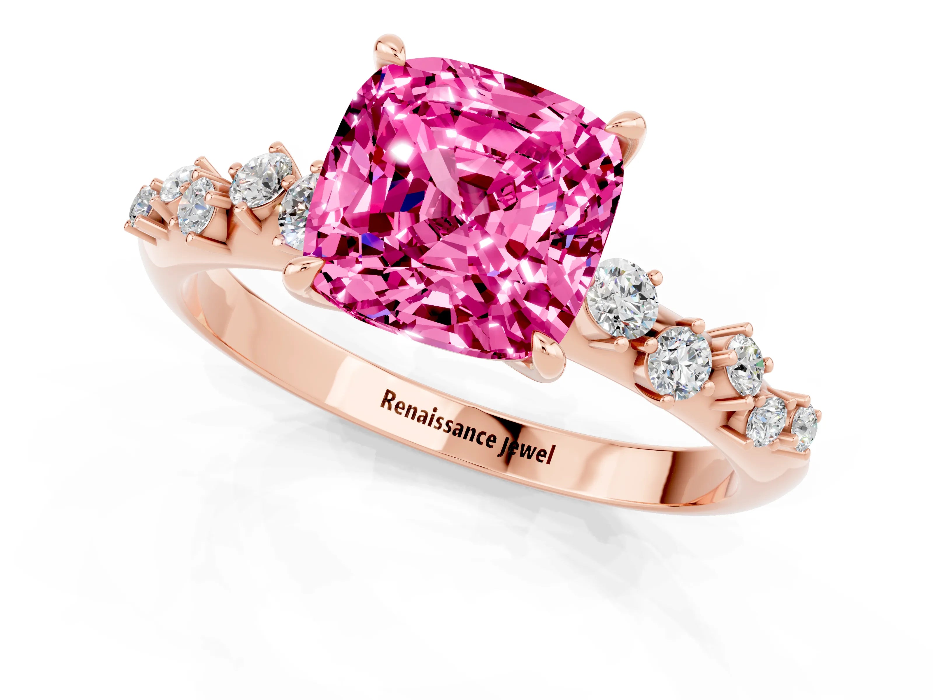Rose gold Cushion Cut Pink Sapphire Cluster Side Stone Solitaire Ring with Prong Setting_49