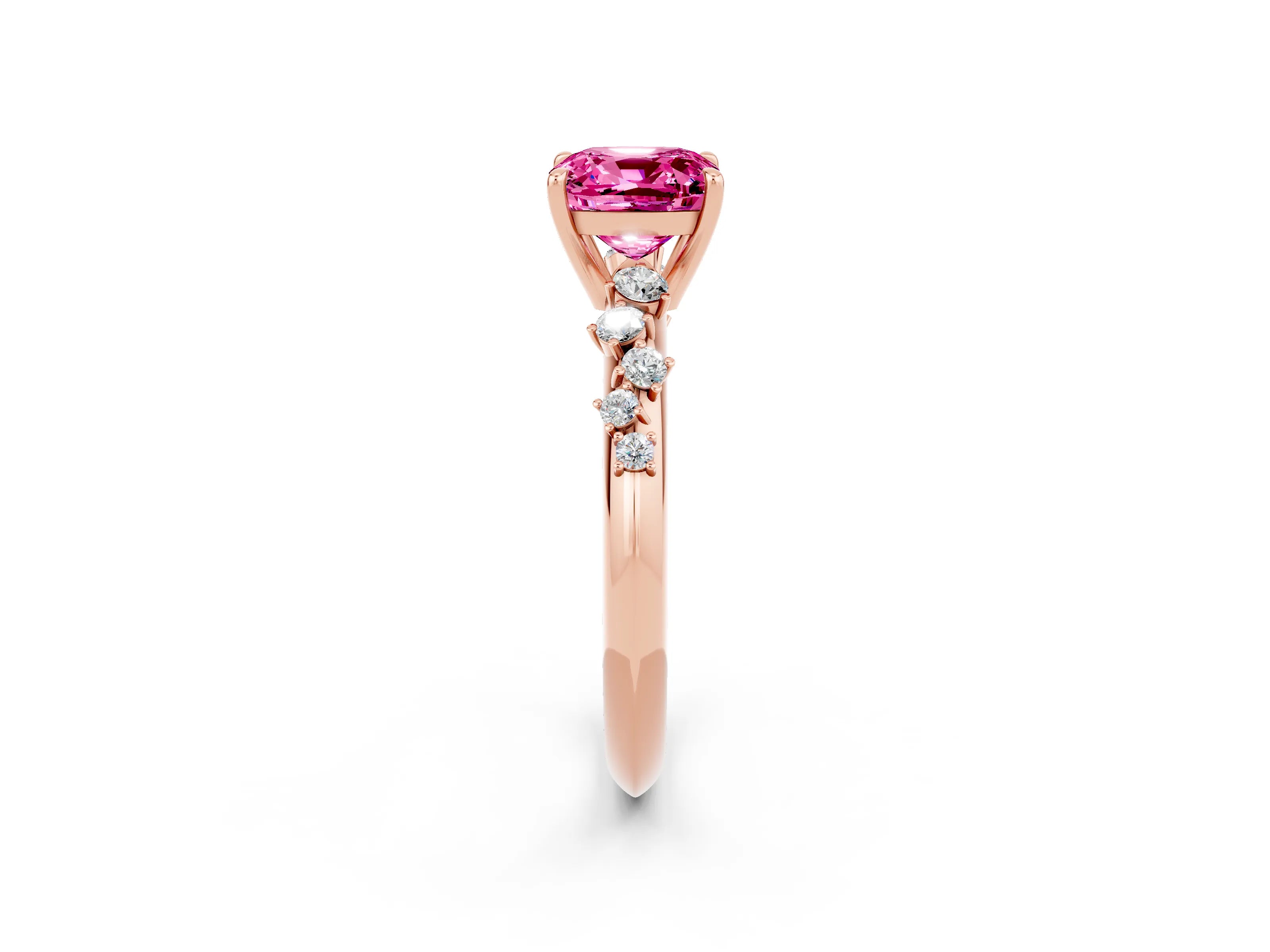Rose gold Cushion Cut Pink Sapphire Cluster Side Stone Solitaire Ring with Prong Setting_50