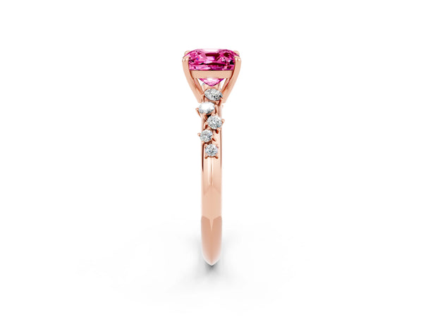 Rose gold Cushion Cut Pink Sapphire Cluster Side Stone Solitaire Ring with Prong Setting