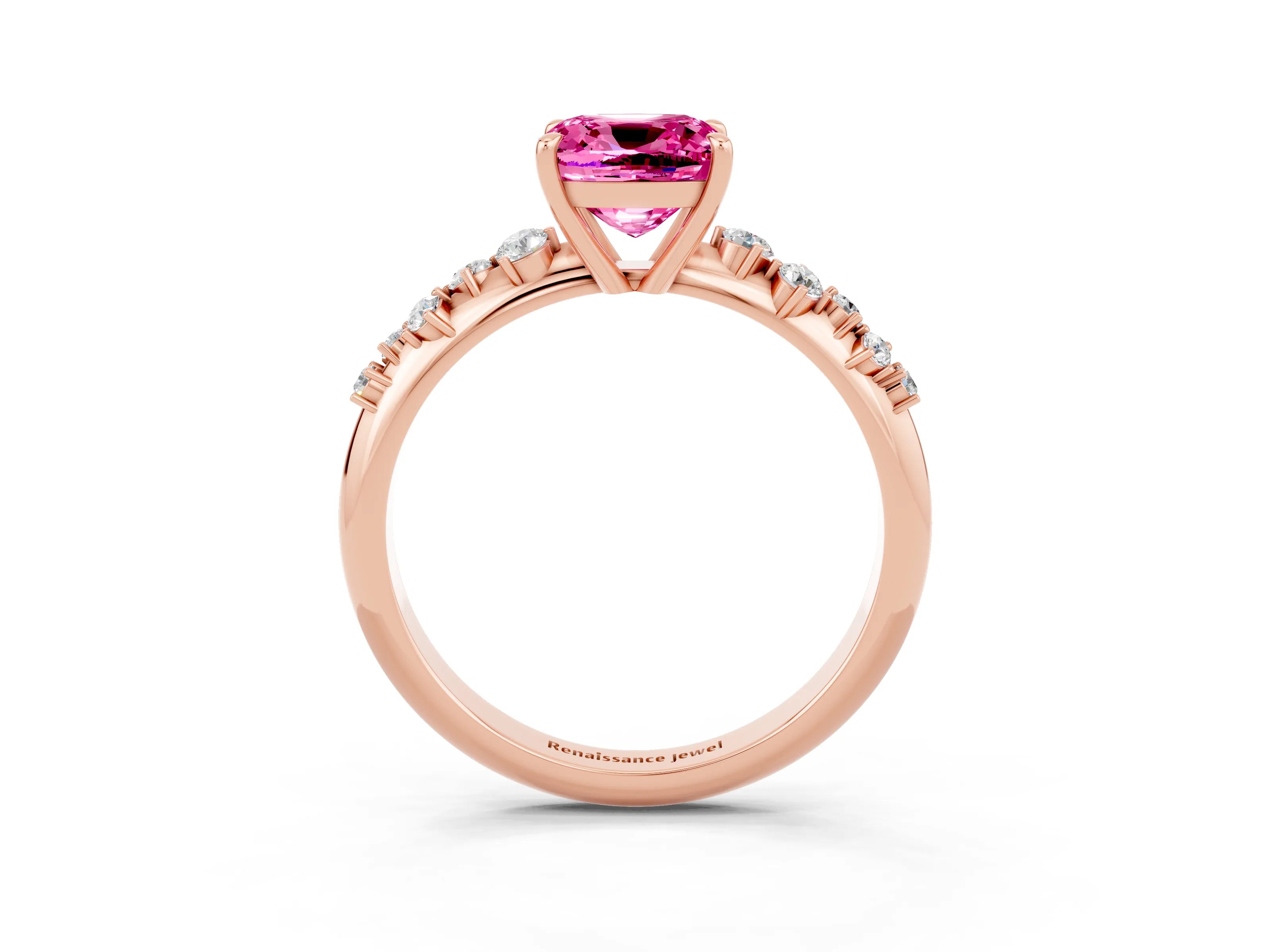 Rose gold Cushion Cut Pink Sapphire Cluster Side Stone Solitaire Ring with Prong Setting_51