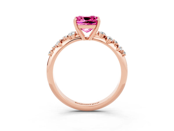 Rose gold Cushion Cut Pink Sapphire Cluster Side Stone Solitaire Ring with Prong Setting