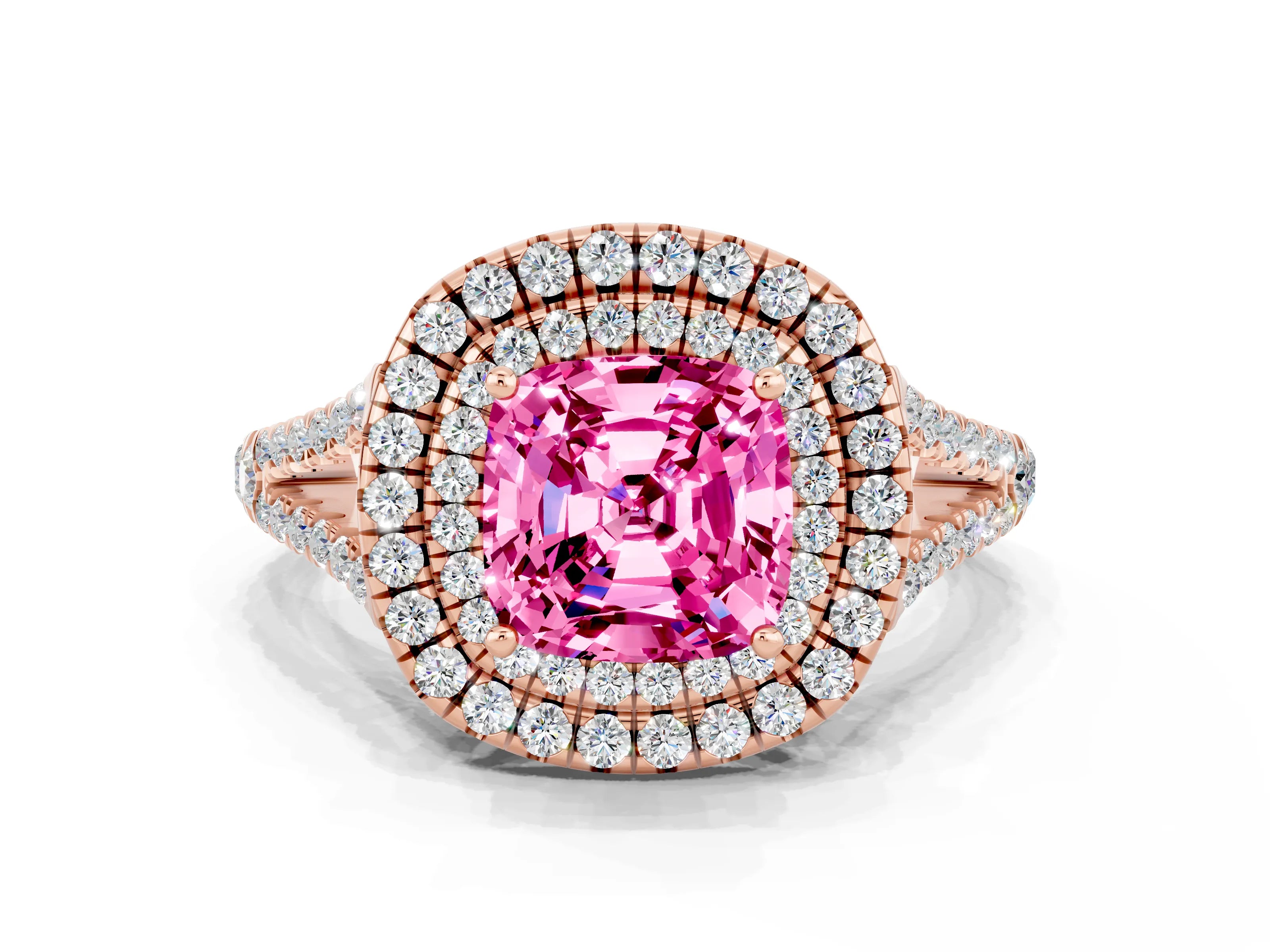 Rose gold Cushion Cut Pink Sapphire Double Halo Ring with Pavé Band and Prong Setting_12