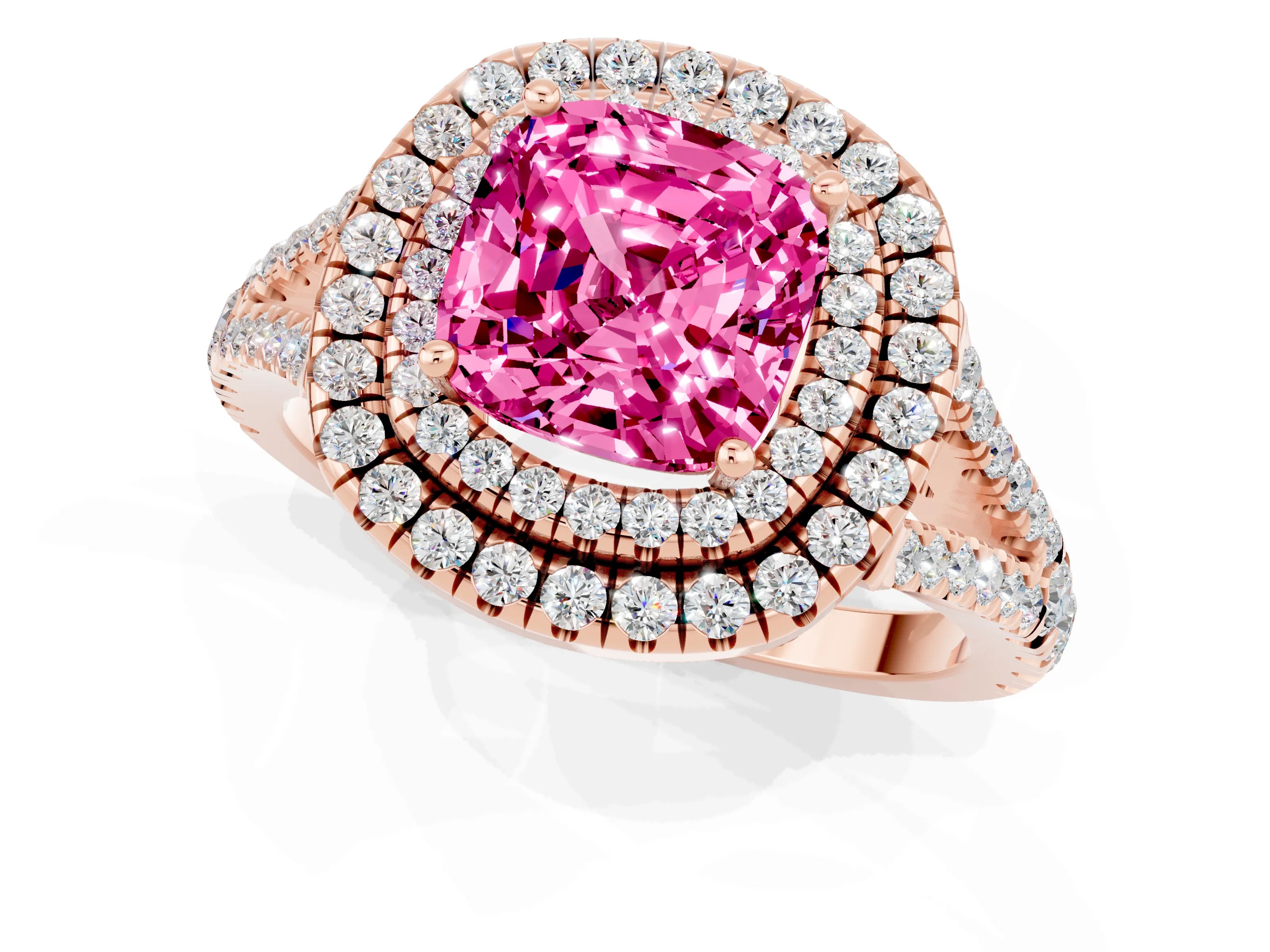 Rose gold Cushion Cut Pink Sapphire Double Halo Ring with Pavé Band and Prong Setting_13